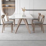 Modern Sintered Stone White Table Dining Table with Wooden Base and 4 Legs