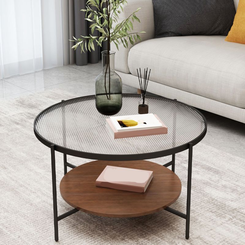 Round Glass Cross Legs Coffee Cocktail Table with Storage Shelf - 17.7" H Clearhalo 'Coffee & Accent Tables' 'Coffee Tables' 'coffee_tables' 'furn' 'furn_coffee_tables' 'Furniture' 'Living Room Furniture' 1200x1200_76a7a13a-1375-4ad3-b53b-12124a85d70f