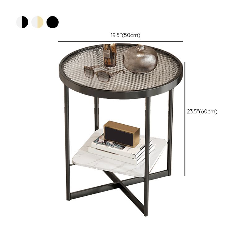 Modern Glass Side End Table Metal Cross Legs Round Corner Table