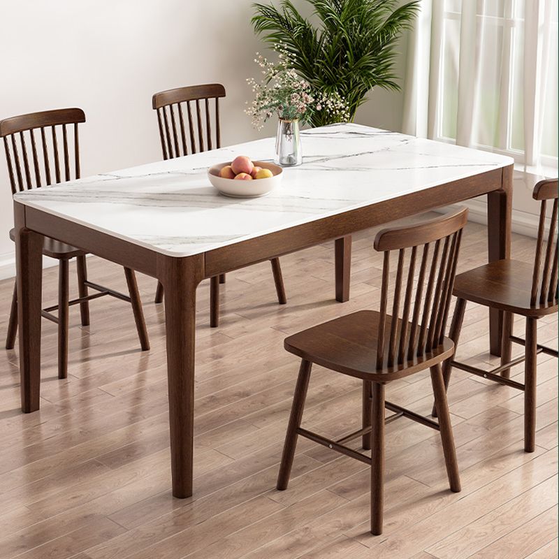 Modern Rectangular Stone Top White Dining Table with 4 Brown Rubberwood Legs Clearhalo 'Dining Tables & Seating' 'Dining Tables' 'dining_table' 'furn' 'furn_dining_table' 'Furniture' 'Kitchen & Dining Furniture' 1200x1200_76be4efe-1142-4a65-9a72-fea38b5d09cc