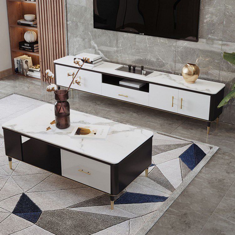 Glam Style TV Stand Stone Open Storage TV Console with 2-Door