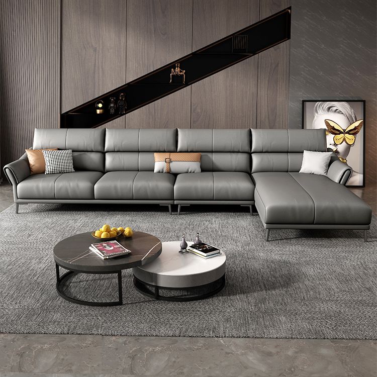 Light-grey Sewn Pillow Back Faux Leather Pillow Top Arm Sofa with Stain Resistant Clearhalo 'furn' 'furn_sectionals' 'Furniture' 'furniture_sectionals' 'kitchen' 'kitchen_sectionals' 'Living Room Furniture' 'Sectionals' 1200x1200_773cd0a2-0355-49ec-a7c5-945a7cc83172