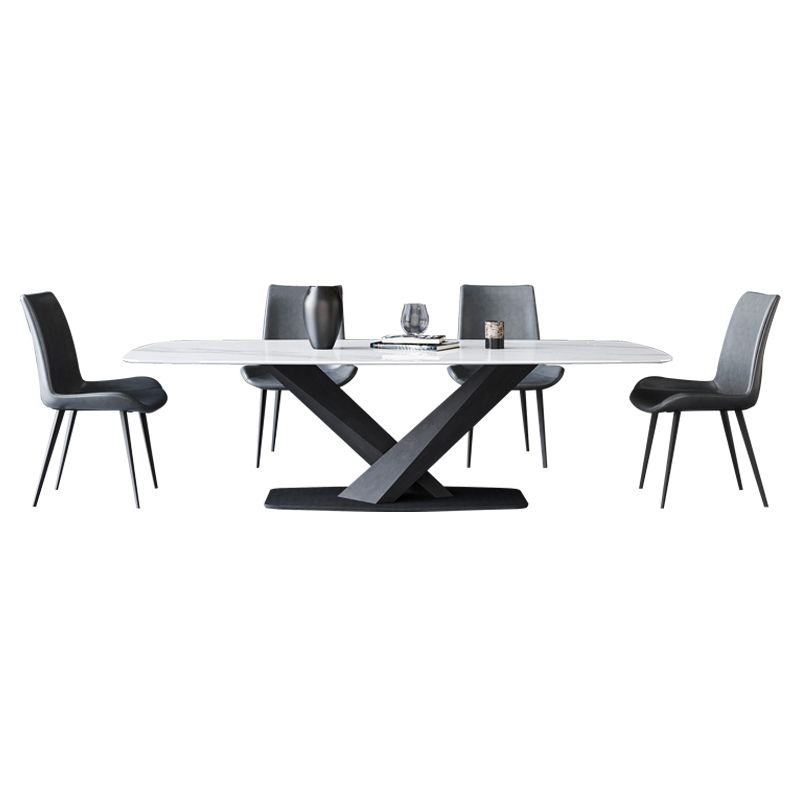 Modern Style Sintered Stone Dining Table with White Table and Black Trestle Base for Home Use Clearhalo 'Dining Room Sets' 'Dining Tables & Seating' 'dining_room_set' 'furn' 'furn_dining_room_set' 'Furniture' 'furniture_dining_room_set' 'Kitchen & Dining Furniture' 'kitchen&dining_furn' 'kitchen' 1200x1200_775e30e5-2f06-43a5-baf2-d33533596425