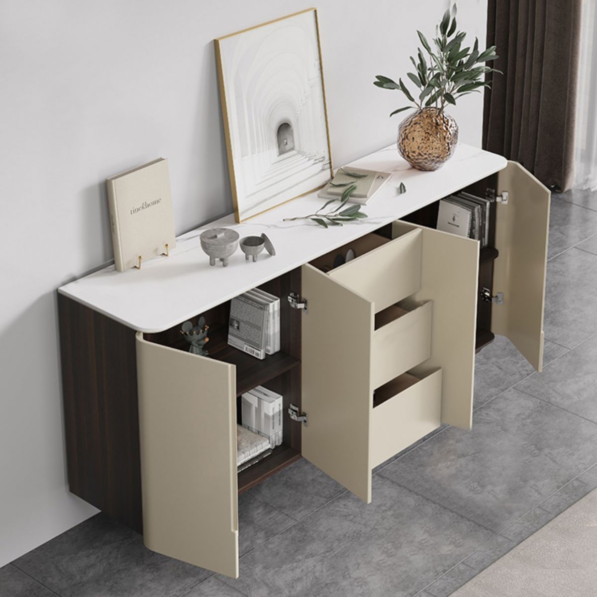 Stone Credenza Contemporary Style Sideboard with Cabinets and Drawers Clearhalo 'buffet_sideboard' 'Buffets & Sideboards' 'furn' 'furn_buffet_sideboard' 'Furniture' 'Kitchen & Dining Furniture' 1200x1200_7771d520-7fda-4707-a1ab-c7ebf0938345