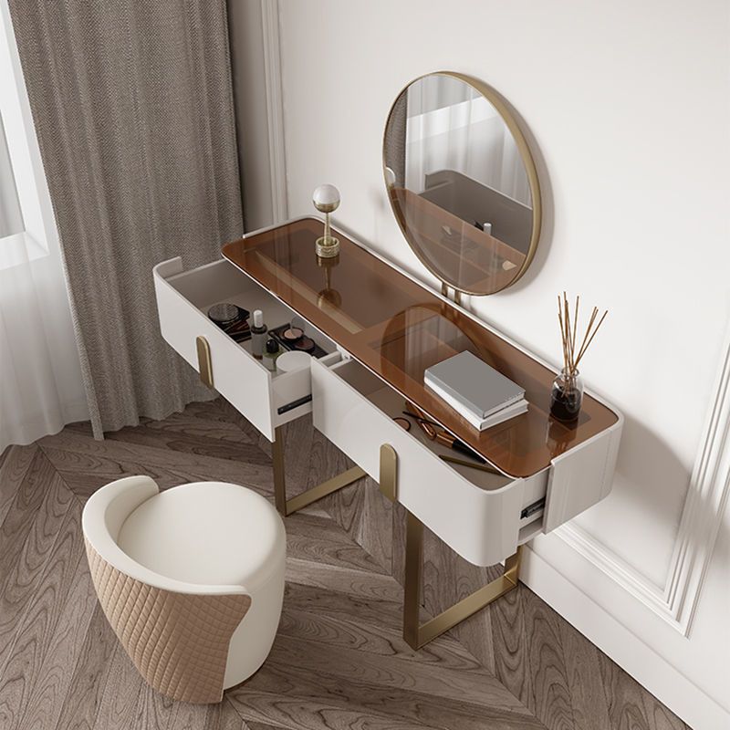 2 Storage Drawers Vanity Set with Stool Glass Top Dressing Table