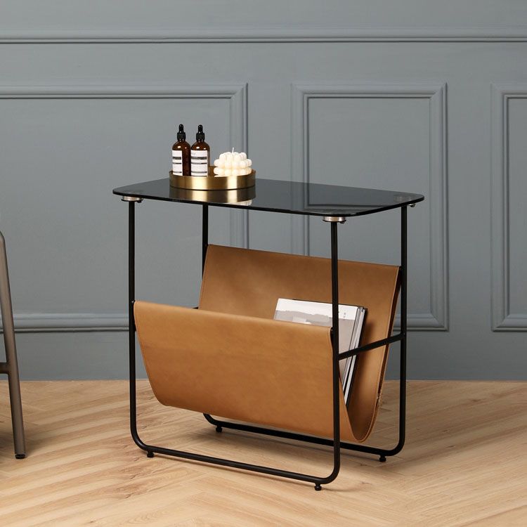 Modern Rectangle Glass Top Side Table 23.2" Tall Iron Sled Base End Table