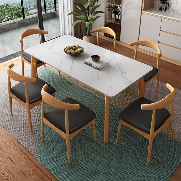 Rectangle Stone Dining Table Rubberwood Solid Wood Legs Dining Table