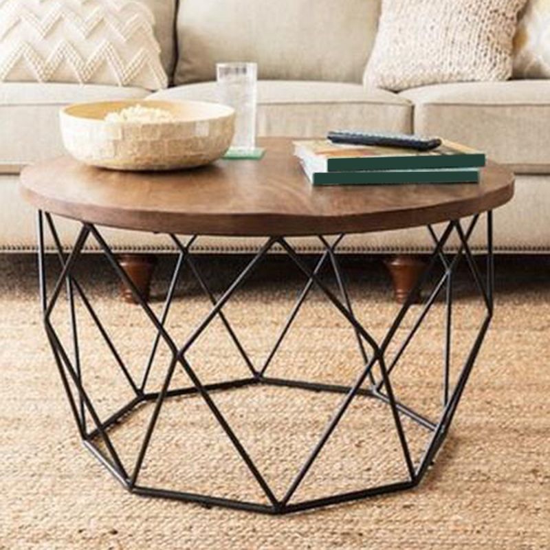 Contemporary Wooden Top Round Coffee Table with Black Metal Frame Base