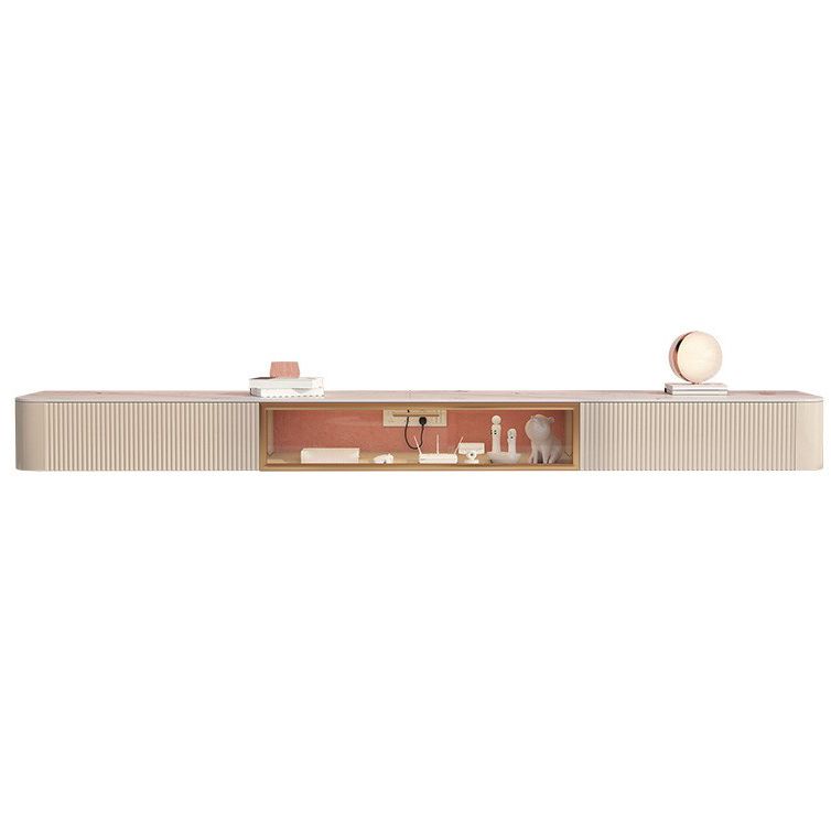 Console televisiva contemporanea con cassetti in pietra e supporto TV in legno