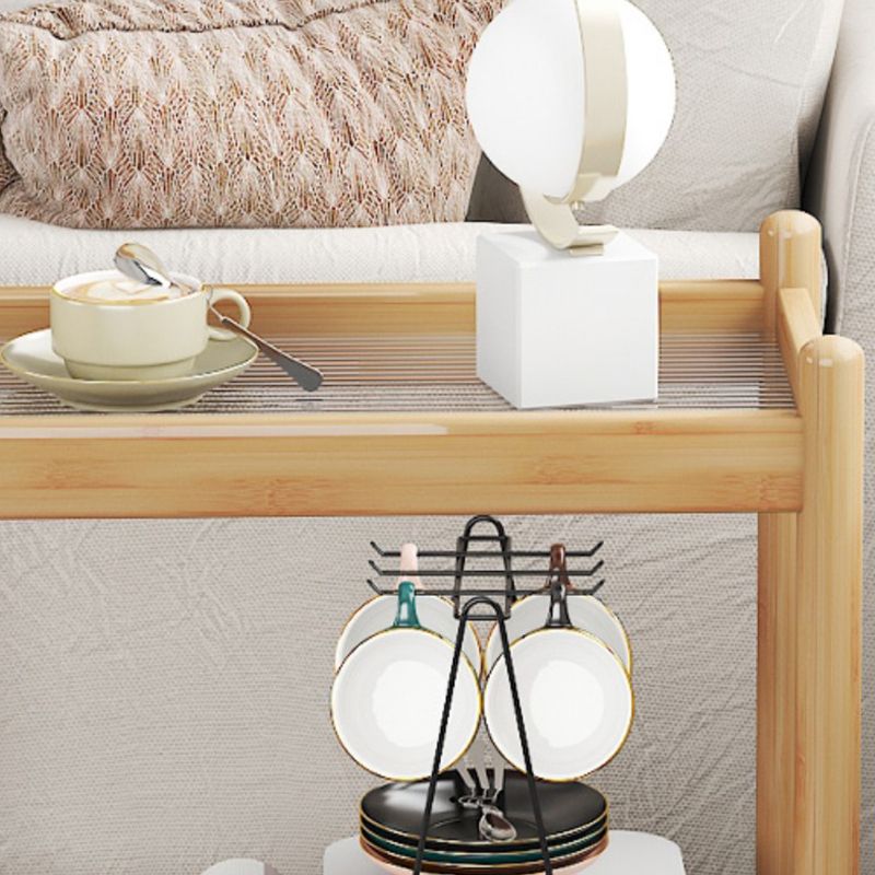 棚と車輪付きの最新の長方形のガラス上端テーブル木材ベースサイドテーブル