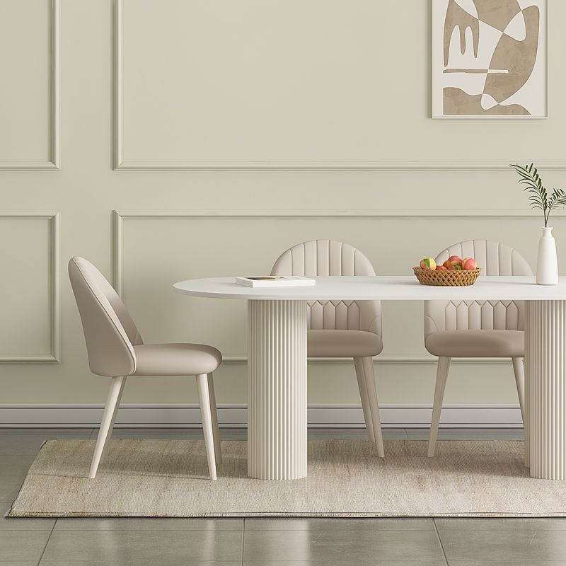 White Contemporary Oval Stone Dining Table with Double Pedestal