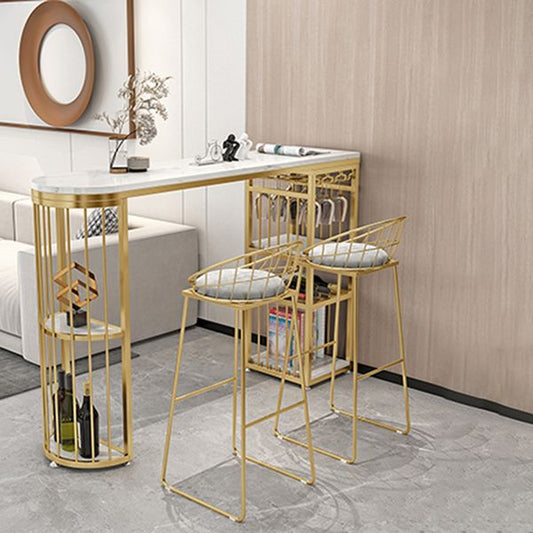 Glam Faux Marble Indoor Pub Bar Table Iron Double Pedestal Bar Dining Table with 5-Shelf Clearhalo 'Bar Furniture' 'Bar Tables' 'bar_tables' 'furn' 'furn_bar_tables' 'Furniture' 'furniture_bar_tables' 'Kitchen & Dining Furniture' 1200x1200_783c2f89-4397-445d-9e4c-813dd87d6417