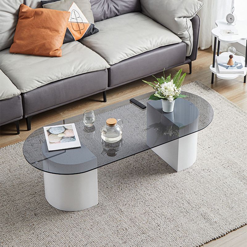 Modern Oval Glass Top Coffee Table with White Wooden Base Cocktail Table