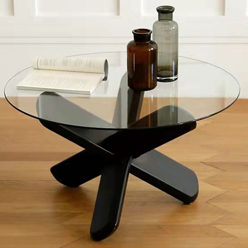 Round 1 Single Coffee Table Tempered Glass Top 3 Legs Wood Cocktail Table Clearhalo 'Coffee & Accent Tables' 'Coffee Tables' 'coffee_tables' 'furn' 'furn_coffee_tables' 'Furniture' 'Living Room Furniture' 1200x1200_78602227-caec-45f2-beaa-150103cc6cac
