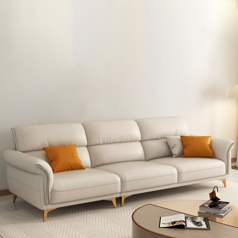 Genuine Leather Biscuit Back Sofa Modern Beige Flared Arm Cushions Sofa