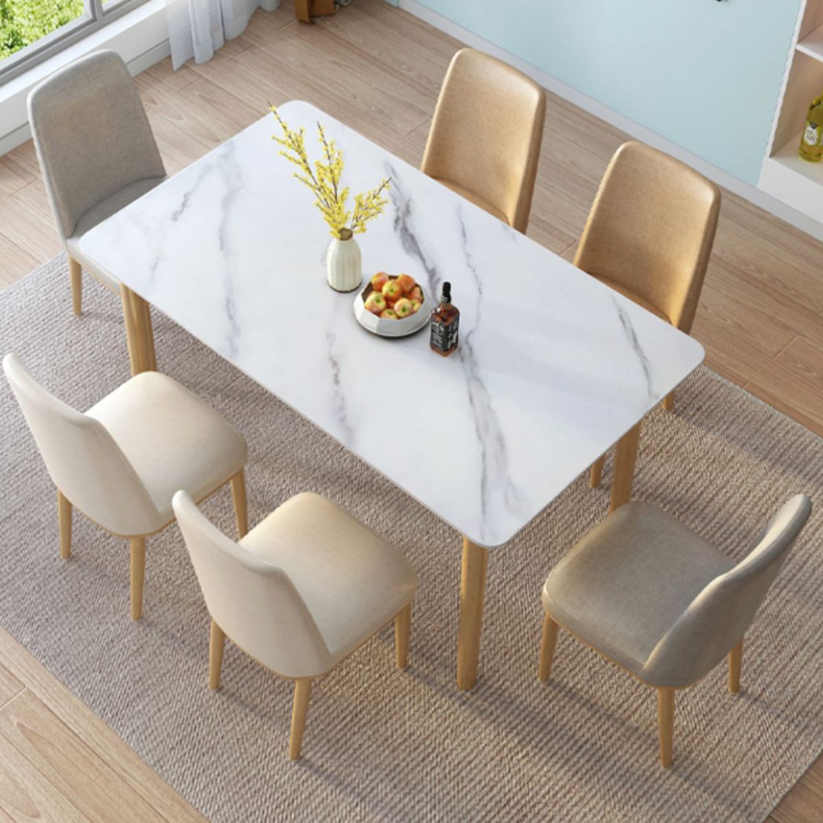 Mesa de comedor de piedra rectangular blanco moderno con 4 pies de madera maciza