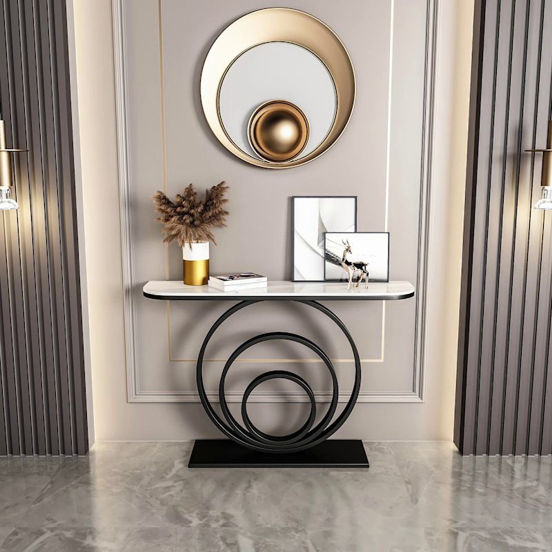 Stone Half Moon Console Table 31.5-inch Tall Accent Table with Shelf Clearhalo 'Console Tables' 'console_tables' 'Entry & Mudroom Furniture' 'furn' 'furn_console_tables' 'Furniture' 1200x1200_78806e37-fdbc-4cf8-bb6d-a16059162a28