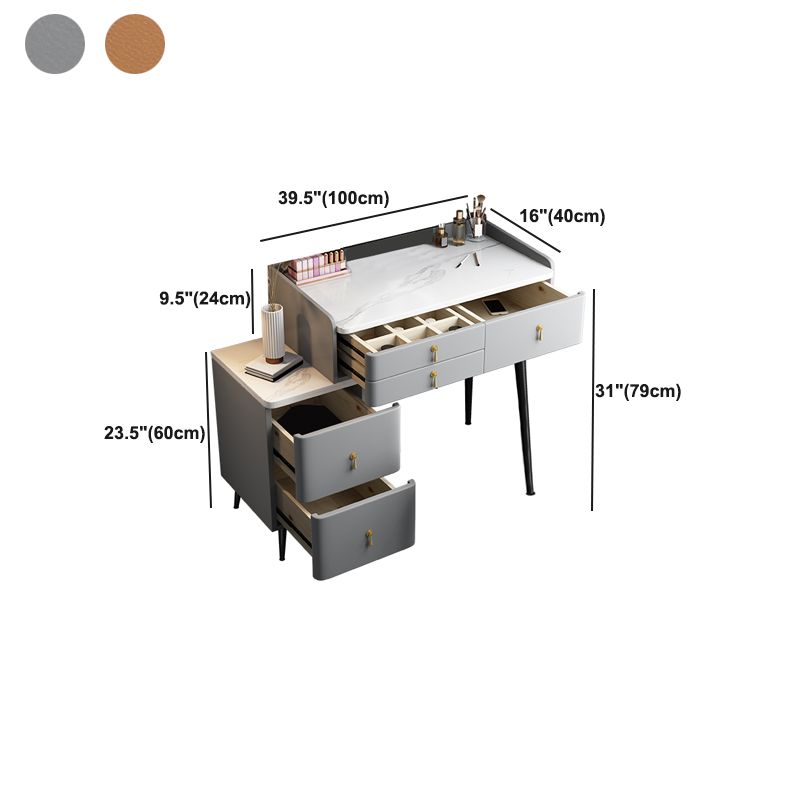 Wood and Metal Vanity Table with Stone Top Makeup Desk in Grey/Orange