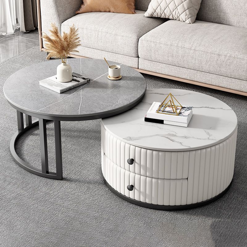 Mesa de centro moderna para cóctel, mesa de centro redonda de cristal/pizarra con 2 cajones