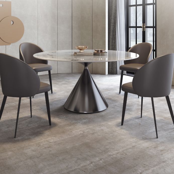 Tavolo da pranzo moderno di pietra bianca rotonda con piedistallo grigio