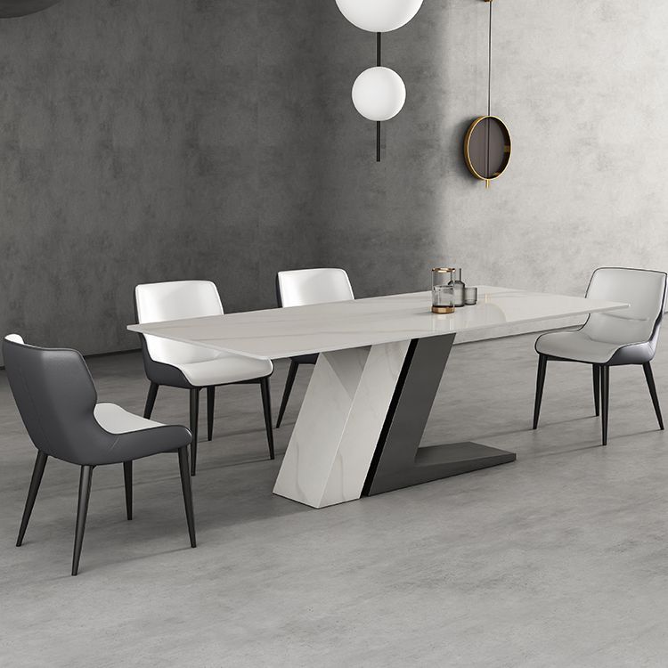 Modern Style Sintered Stone Dining Set with White Rectangle Shape Table and Double Pedestal Base Clearhalo 'Dining Room Sets' 'Dining Tables & Seating' 'dining_room_set' 'furn' 'furn_dining_room_set' 'Furniture' 'furniture_dining_room_set' 'Kitchen & Dining Furniture' 'kitchen&dining_furn' 'kitchen' 1200x1200_78a0f635-163f-4239-b06c-2b3bd4892607