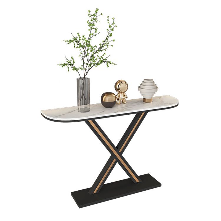 Half Moon Stone Top Accent Table with Black Iron Pedestal Base Clearhalo 'Console Tables' 'console_tables' 'Entry & Mudroom Furniture' 'furn' 'furn_console_tables' 'Furniture' 1200x1200_78ada464-f036-4c44-9fbd-accd39fc92bf
