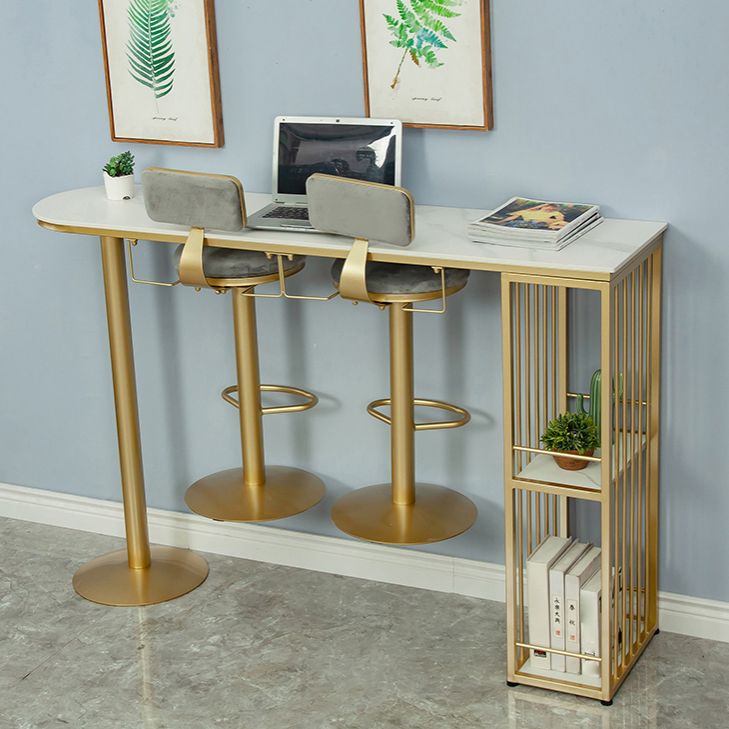 Glam White Stone Bar Dining Table Gold Iron Double Pedestal Bistro Table with Shelve Clearhalo 'Bar Furniture' 'Bar Tables' 'bar_tables' 'furn' 'furn_bar_tables' 'Furniture' 'furniture_bar_tables' 'Kitchen & Dining Furniture' 'kitchen&dining_furn' 'kitchen' 1200x1200_78b230a4-49be-4e5f-9cb3-1a1a76c74085