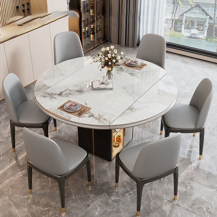 Round Modern Stone Dining Table Extendable for Small Spaces with Storage