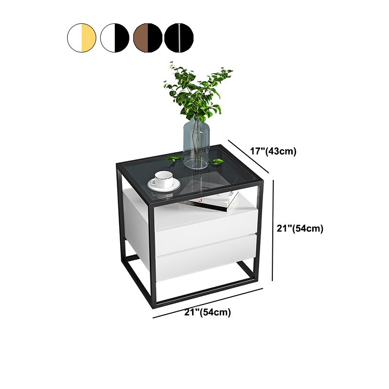 21 ''背の高いモダンなアクセントテーブルナイトスタンドグラストップ2ドロワーアイアンベッドサイドキャビネット
