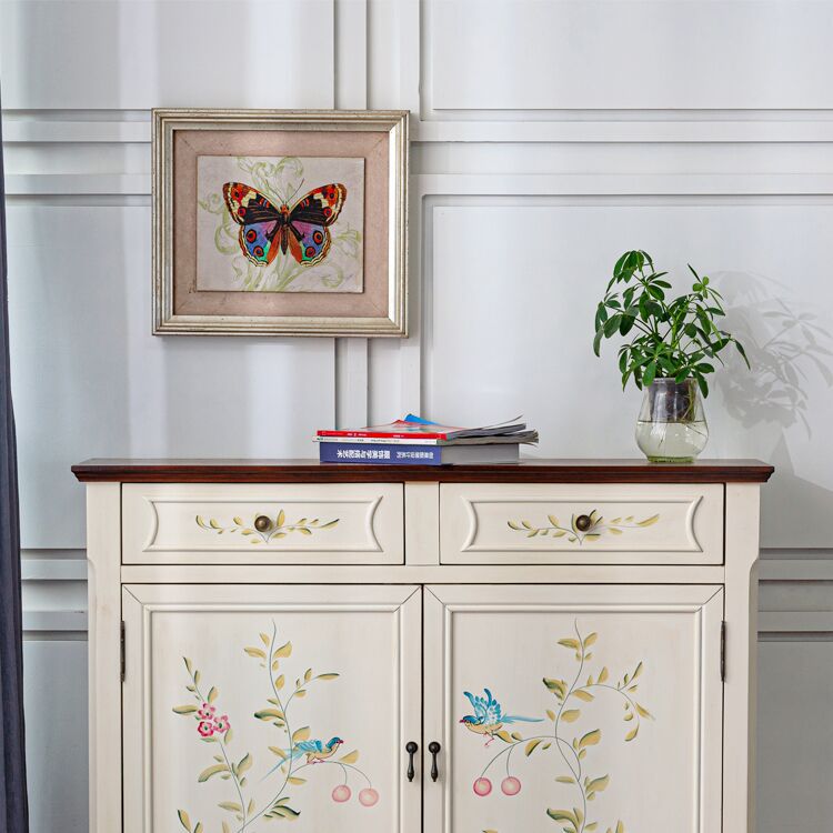 2 - Drawer Distressed Wood Cabinet 40.9" W Hand Painted Door Storage Cabinet