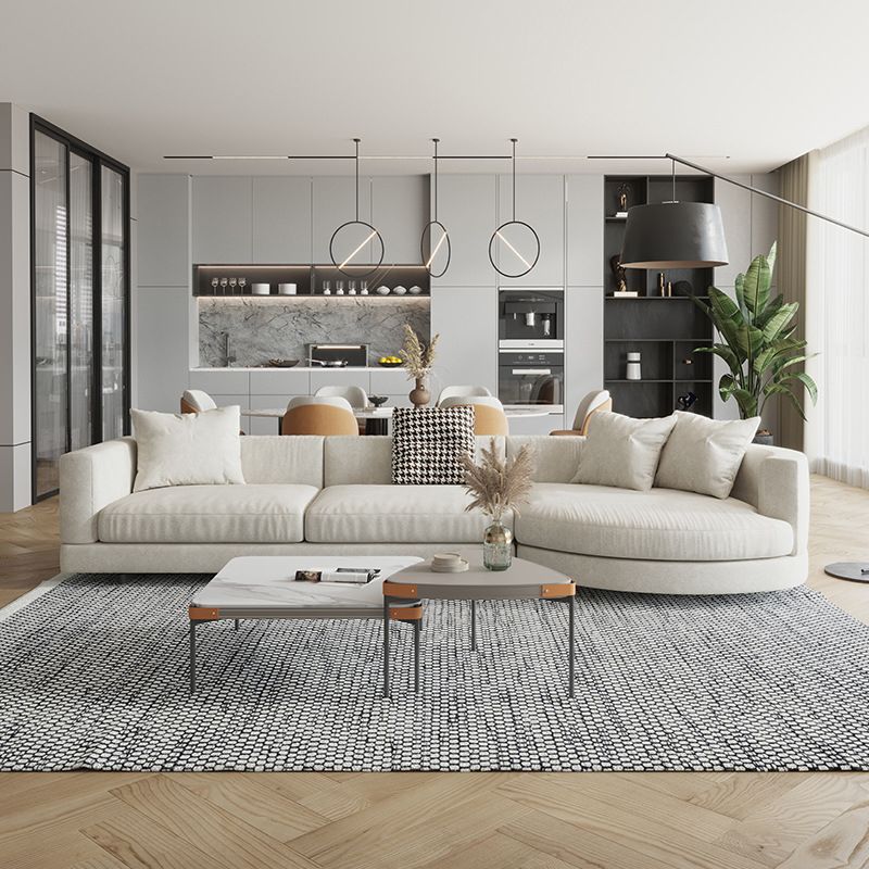 Flannelette Sectional Square Armrest Latex/down Upholstery Filled White Sofa