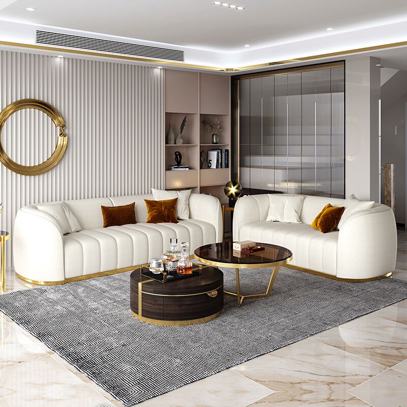 Beige eigentijdse bank met kussens faux lederen smoking tuxedo arm bank