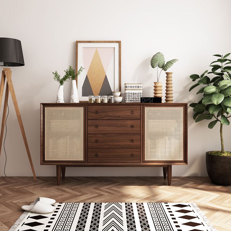 Servitore a buffet di vimini contemporanei in legno massiccio di pine