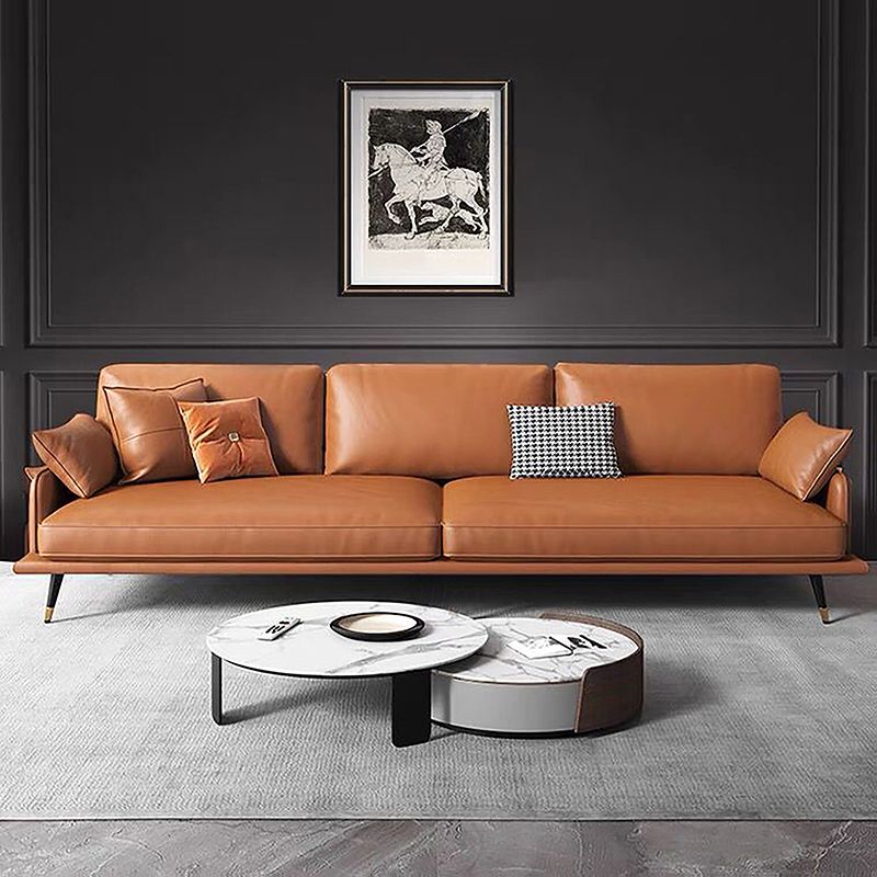 Modern Sofa with Bolster Pillows 31.5"High Square Arm Sofa with Hair Pin Legs, Dark Brown Clearhalo 'furn' 'furn_sofas' 'Furniture' 'furniture_sofas' 'kitchen' 'kitchen_sofas' 'Living Room Furniture' 'Sofa' 'sofas' 1200x1200_79d1725c-2c4e-451f-8b07-e1d05f4782b3