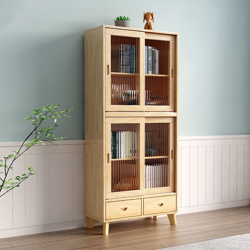 31.5'"l Natural Wooden Cabinet, Rectangle Glass Paned Accent Cabinet