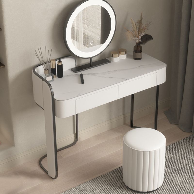 Modern Simple 2-Drawer Vanity Table Stone Top Dressing Table in White with Stool