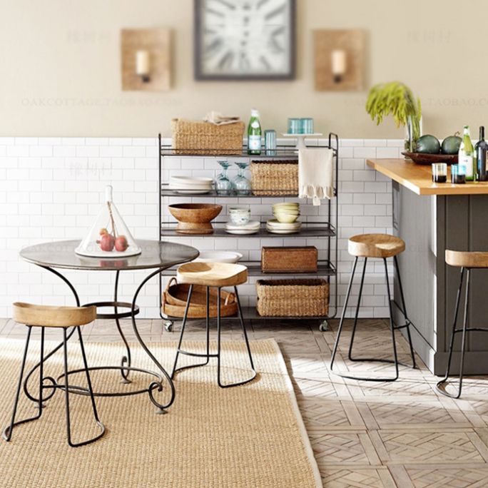 Industrial Counter Bar Stool Natural Solid Wood and Metal Saddle Seat Counter Chair