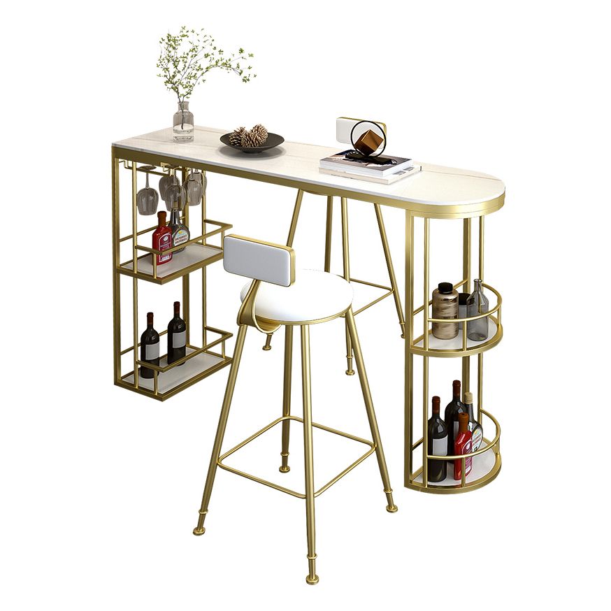 Glam White Stone Bar Dining Table Iron Double Pedestal Bistro Table with Shelf Clearhalo 'Bar Furniture' 'Bar Tables' 'bar_tables' 'furn' 'furn_bar_tables' 'Furniture' 'furniture_bar_tables' 'Kitchen & Dining Furniture' 'kitchen&dining_furn' 'kitchen' 1200x1200_7aca52e1-66d8-42a4-b3e5-61703c11ea6e
