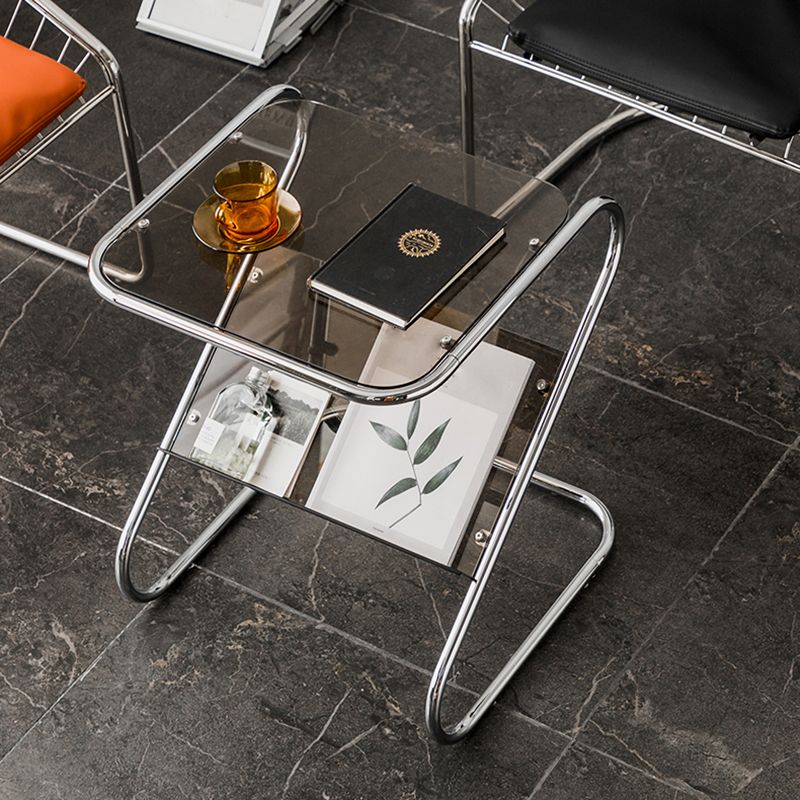 24" Tall Square Glass Top Side Table Iron Abstract Base End Table