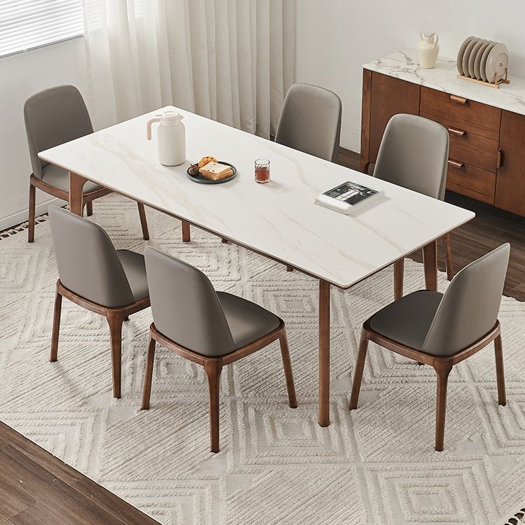 Mesa de comedor rectangular de piedra blanca contemporánea con 4 pies