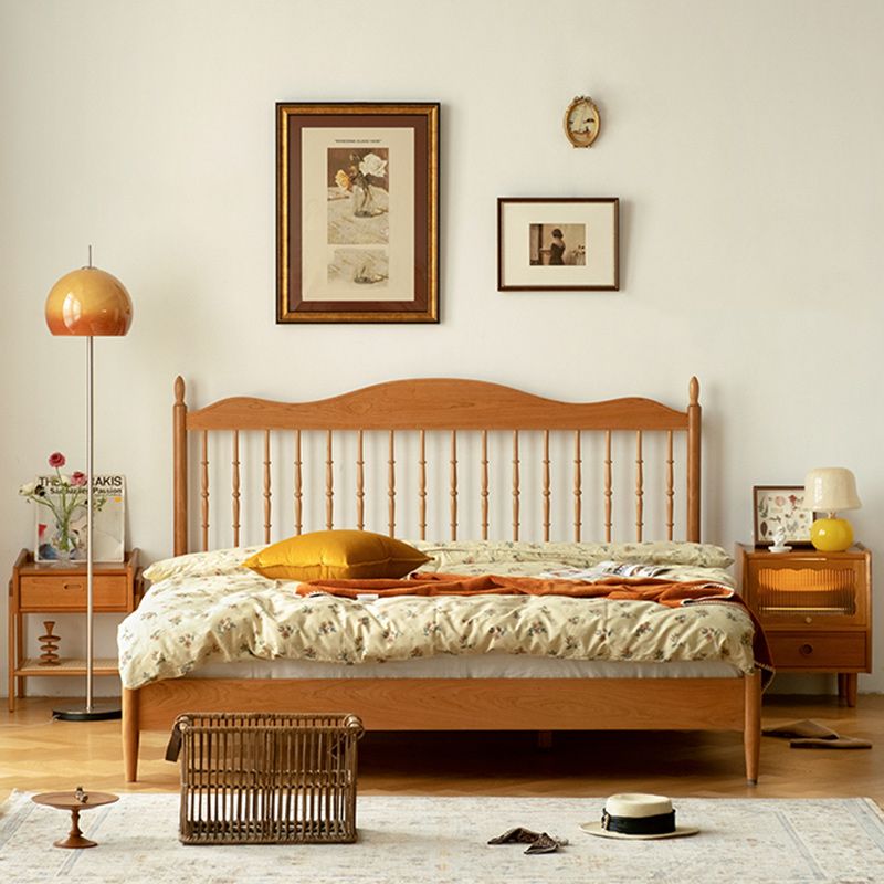 Contemporary Pine Wood Bed in Light Brone Scandinavian Bed with Headboard