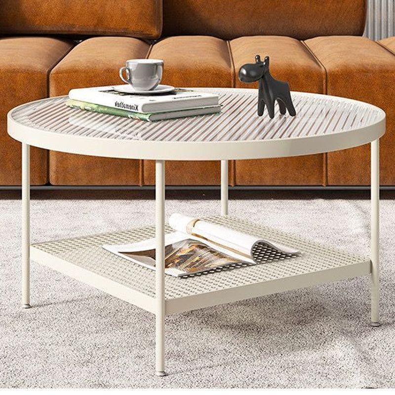 Table de cocktail ronde en verre, table basse en fer à 4 pieds avec étagère