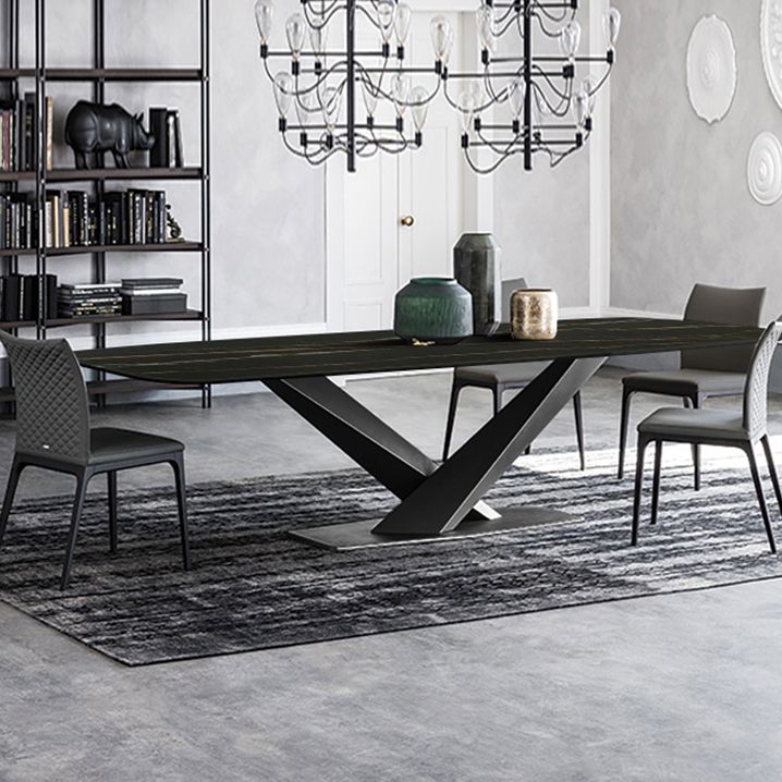 Sintered Stone Rectangle Dining Table Industrial Black Kitchen Table with Pedestal Base Clearhalo 'Dining Tables & Seating' 'Dining Tables' 'dining_table' 'furn' 'furn_dining_table' 'Furniture' 'furniture_dining_table' 'Kitchen & Dining Furniture' 'kitchen' 'kitchen_dining_table' 1200x1200_7b1d1dd4-8ca6-4dc7-93e7-dac62a86f705