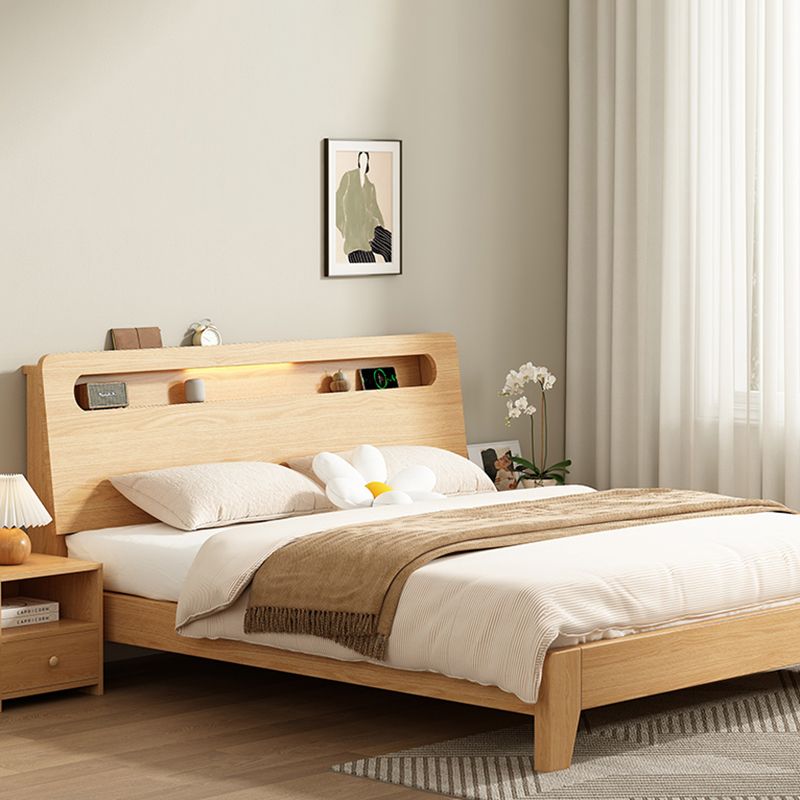Letto a pannello in legno massiccio naturale con letto di testiera standard con ripiani