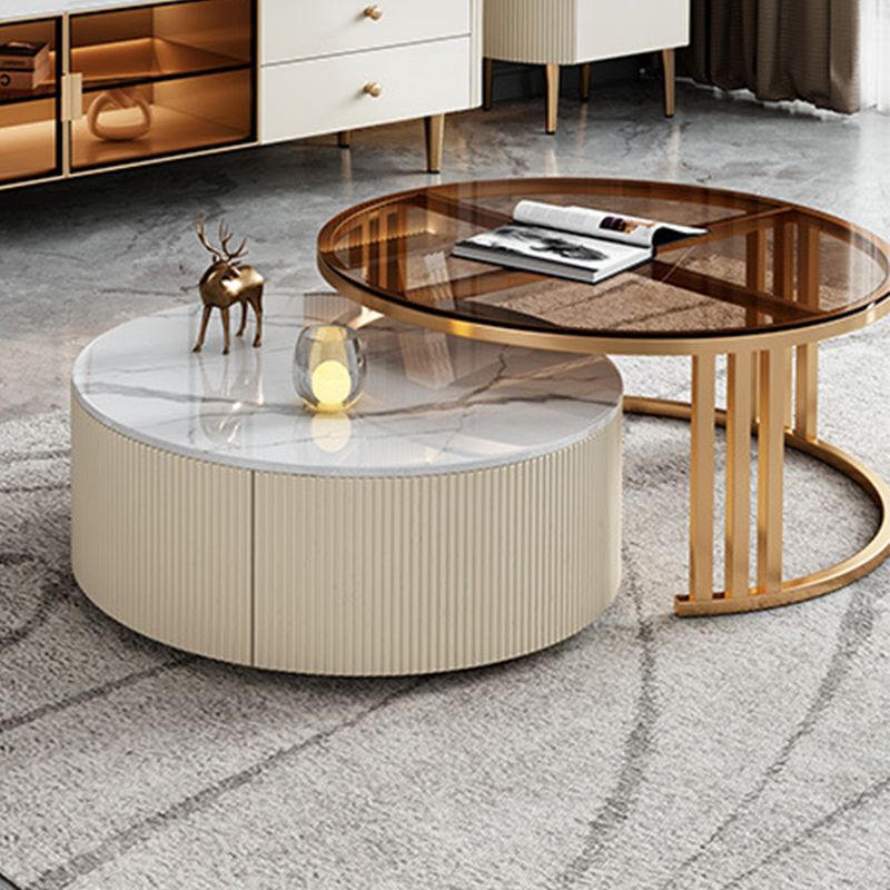 Glazen salontafel frame ronde nestelende salontafel met opbergladen