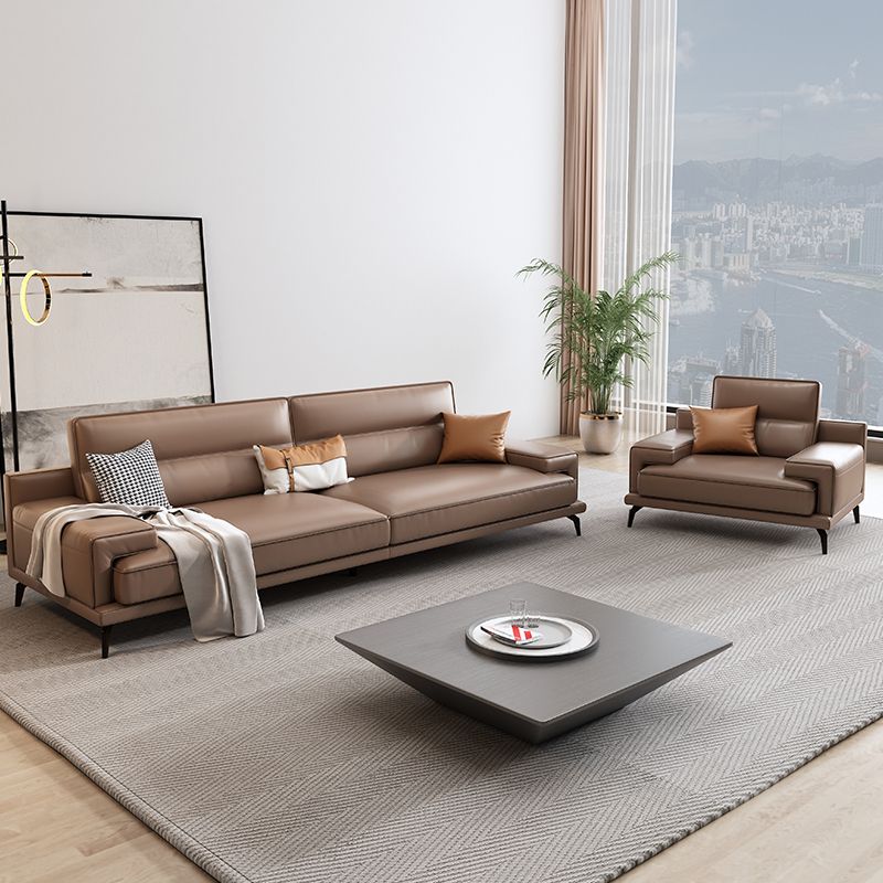 モダン縫製枕バッククッションソファ茶色の本物の革の正方形の腕ソファ