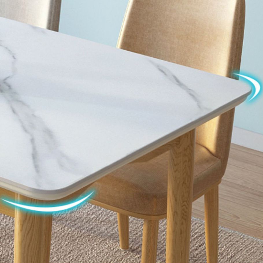 Mesa de comedor de piedra rectangular blanco moderno con 4 pies de madera maciza