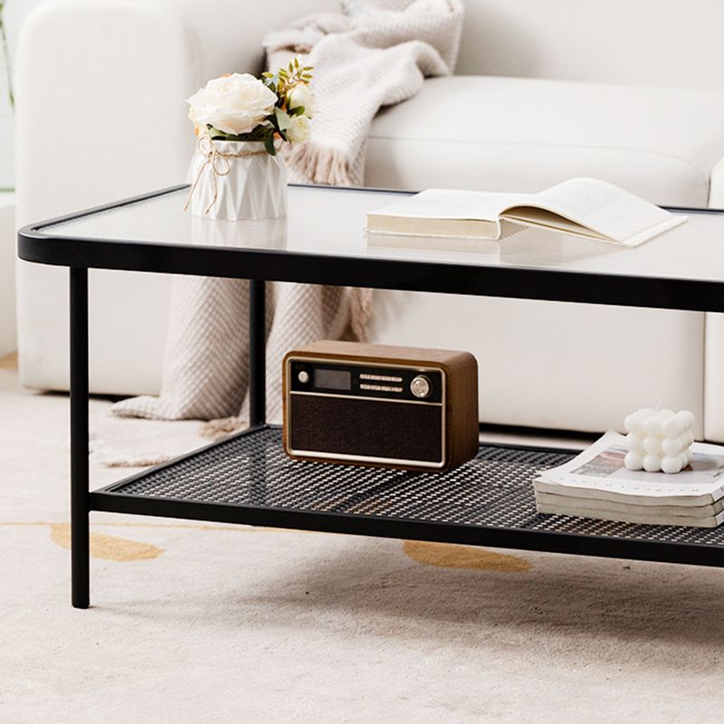 Rectangle Glass Coffee Table 15.75"H Sled Cocktail Table with Shelf Clearhalo 'Coffee & Accent Tables' 'Coffee Tables' 'coffee_tables' 'furn' 'furn_coffee_tables' 'Furniture' 'Living Room Furniture' 1200x1200_7b97e5f8-1b16-4472-968b-6e5792da5638