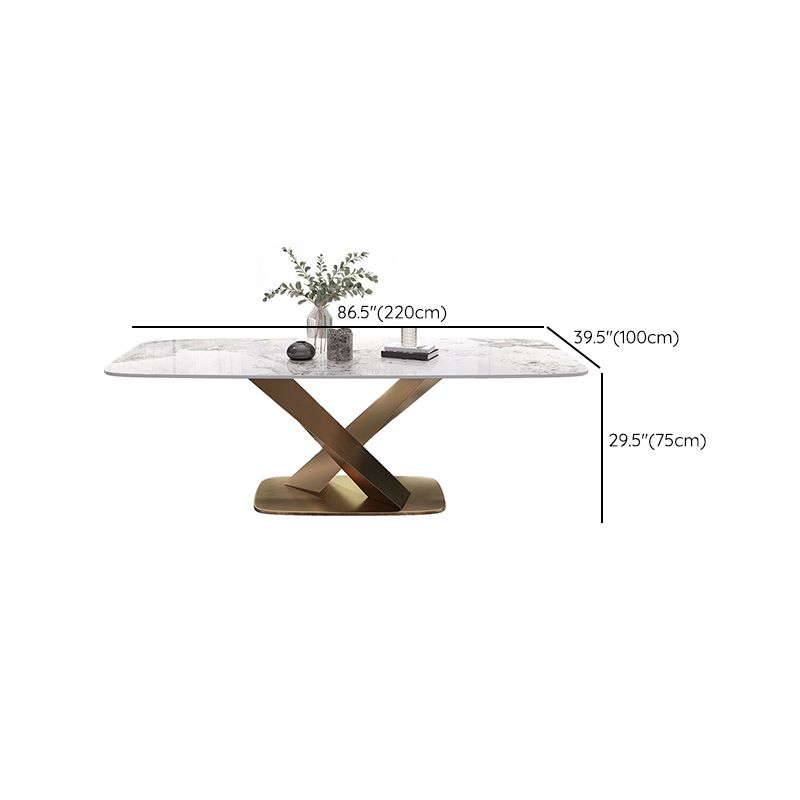 Moderne witte rechthoekige stenen eettafel met metalen voetstuk