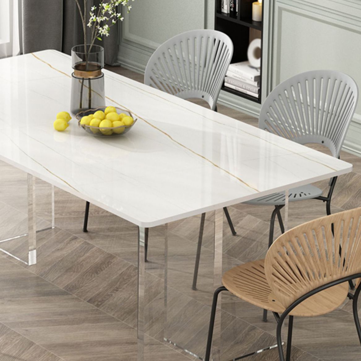 Modern Stone Top Dining Table Rectangle Acrylic Base Counter Dining Table Clearhalo 'Dining Tables & Seating' 'Dining Tables' 'dining_table' 'furn' 'furn_dining_table' 'Furniture' 'furniture_dining_table' 'Kitchen & Dining Furniture' 'kitchen' 'kitchen_dining_table' 1200x1200_7bc23430-0eed-45f6-a3ef-1430d2b01eb0